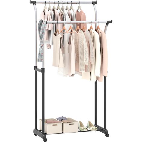 Portant à vêtements double tringle en métal réglable en hauteur avec roulettes verrouillables pour chambre, dressing et buanderie (1/5)