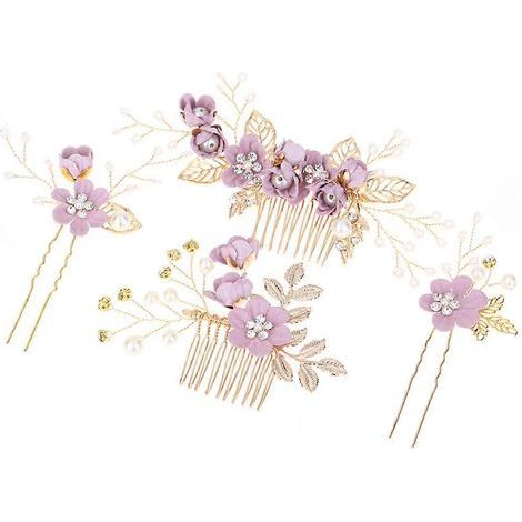 Set aus 4 handgefertigten Haarkämmen, floralen Ornamenten, Haarschmuck und Brautkleidaccessoires mit Strasssteinen (lila) – 17,00 x 5,00 x 0,20 cm – Lila (1/3)