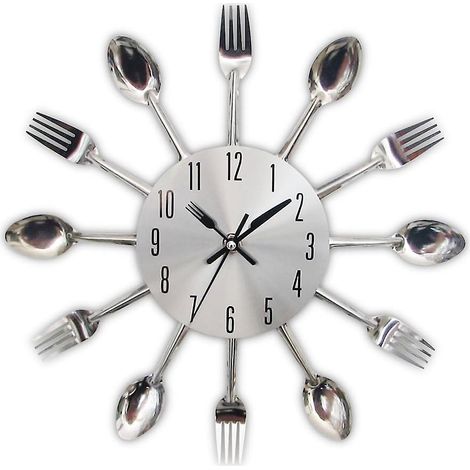 Horloge murale, horloge murale miroir autocollant 3D amovible avec couverts (cuillère et fourchette), décoration pour chambre ou maison (1/4)