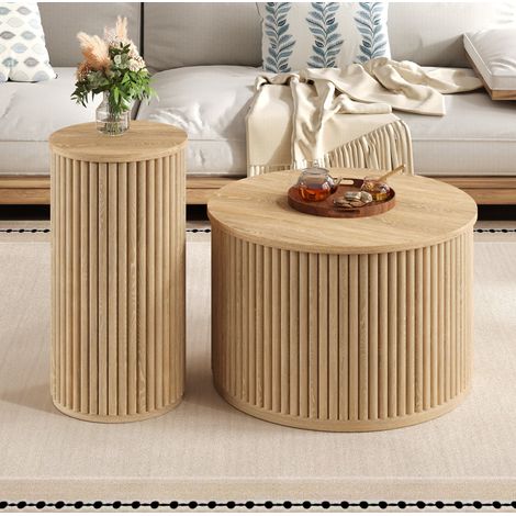 Mesa de centro set de 2 en MDF natural, redonda, 60 cm y 30 cm (1/5)