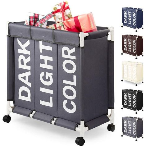 Panier à linge 3 compartiments 90L avec roulettes et couvercle en tissu Oxford gris (1/5)