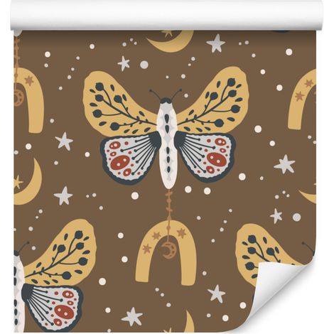 Papier peint bohème arc-en-ciel et papillons ocre et or pour salon et chambre 50x1000 cm (1/5)