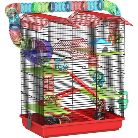Cage rouge pour hamster, souris, petit rongeur avec tunnel, mangeoire, roue et jouets - 47 x 30 x 59 cm (1/5)