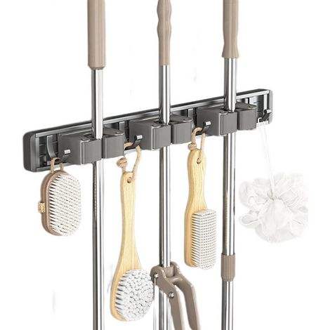 Porte-outils mural – Support pour balai – Porte-outils suspendu – Organisateur mural pour outils – 3 emplacements, 4 crochets – Aluminium – Gris anthracite (1/5)