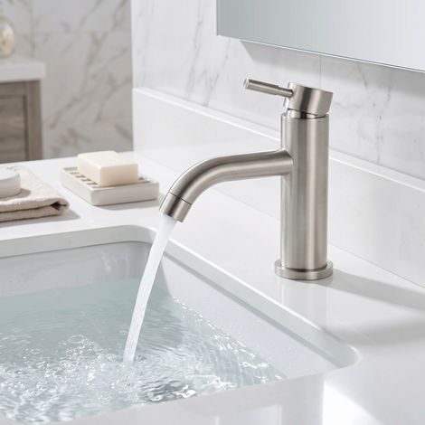 Waschtischarmatur für Badezimmer im modernen Stil – YP-lt001 Waschtischmischer in Grau aus Edelstahl, Warm- und Kaltwasser, leise Keramikkartusche und Anschlussschläuche inklusive