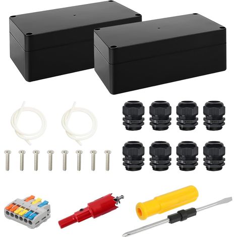 2 Pièces Boite Serivation Etanche Exterieur, Boite Etanche Electrique Exterieur IP65 avec 8 Presse Étoupes, Coffret Electrique avec Tournevis, pour Installations Électriques (158 × 90 × 60 mm, Noir) (1/5)