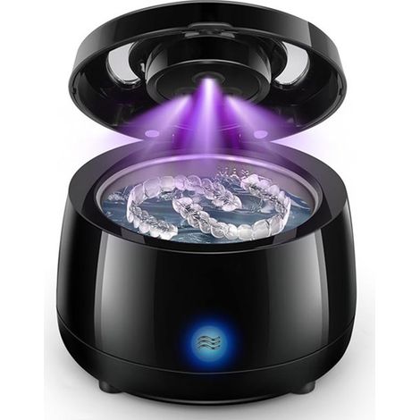 Appareil de nettoyage ultrasonique UV pour prothèses dentaires, aligneurs, bijoux, protège-dents, têtes de brosse à dents, 42 kHz, noir.