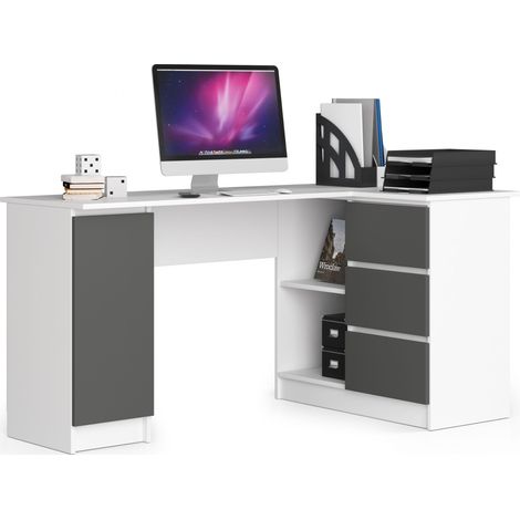 Akord – Bureau d'angle blanc 155 cm – 3 tiroirs et 4 étagères – Panneau stratifié – Dimensions 155x85x77 cm – Façade gris graphite