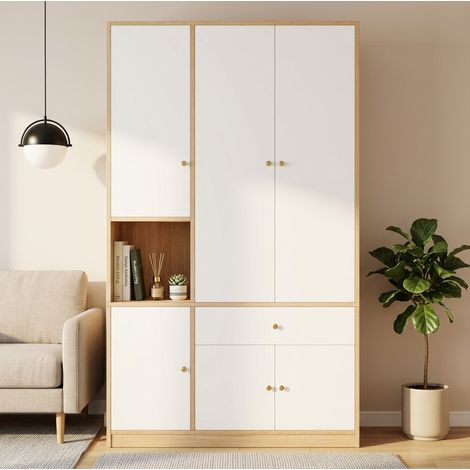 MODFU – Armoire 120x50x200 cm MDF/panneaux particules – 3 portes, 2 penderies et 1 tiroir – 7 compartiments et charge 30/20 kg – Chambre – Blanc/bois (1/5)