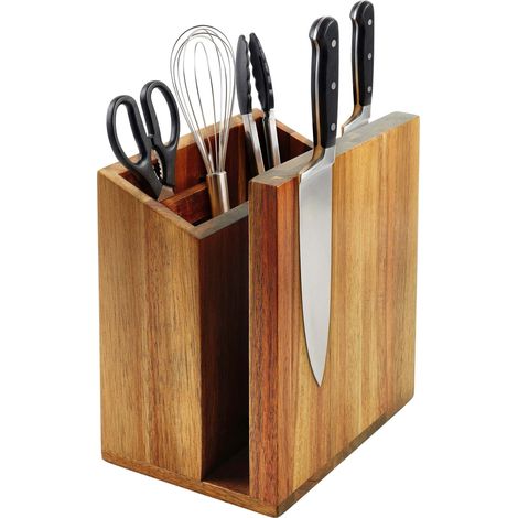 Relaxdays blocco magnetico bifacciale, porta utensili, acacia, HxLxP: 21,5 x 19 x 13 cm, supporto coltelli marrone (1/5)