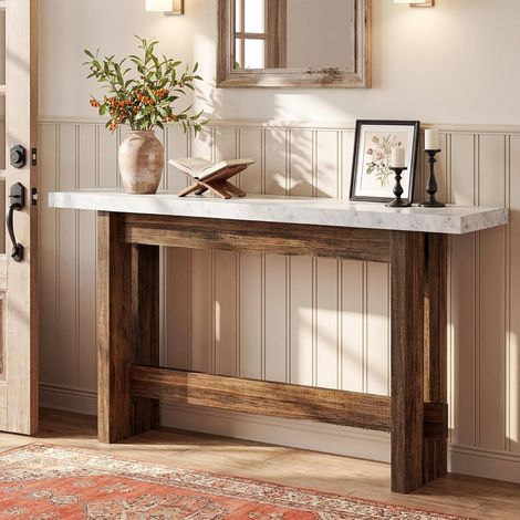 Tribesigns Table Console 160 cm, Console Étroite en Bois avec Plateau Imitation Marbre, Table d’Entrée Derrière Canapé pour Couloir Salon Entrée, Blanc et Marron