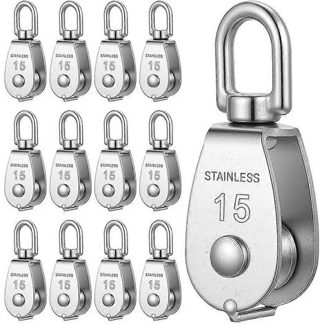 Lot de 12 poulies M15 pour corde, poulie pivotante robuste en acier inoxydable 304, roue de remorquage pour câble de levage (1/5)