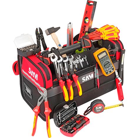 Sam Outillage – Caisse textile 39L avec 122 outils électricien – Boîte de rangement pour outils – CPELEC1