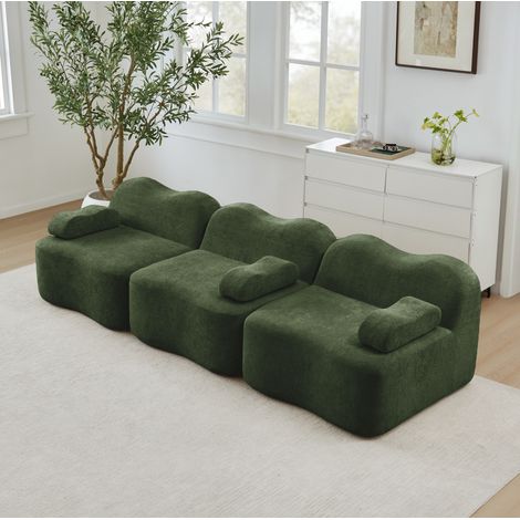 Divano modulare 3 posti in velluto verde con seduta profonda e pouf collegabile (1/5)