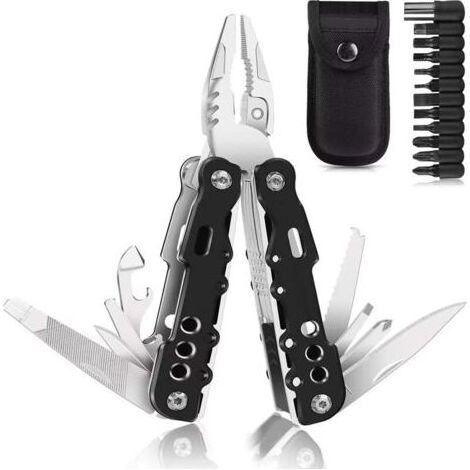 Pinces Multifonctions, 25 en 1 Couteau Suisse outil de poche multifonction, avec 11 embouts de tournevis, Couteau de poche avec Poignée ergono - Noir (1/5)