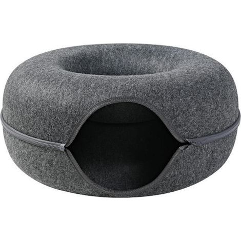 Lit tunnel pour chat gris foncé taille S anti-rayures lavable amovible en feutre beignet avec fermeture éclair pour l'intérieur (1/5)
