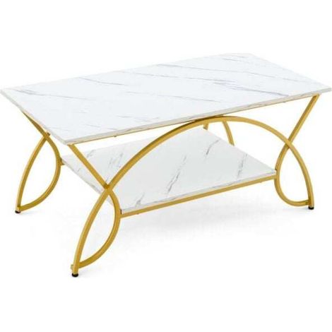 Effet marbre blanc, table basse 2 niveaux avec rangement, cadre métal doré, pour salon ou bureau (1/5)