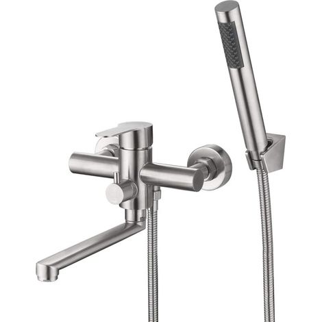 Badewannenarmatur, Wandmontage, Edelstahl-Badewannenarmatur, Duscharmatur mit Handbrause, Wandhalterung und Brauseschlauch, wandmontierte runde Badewannenarmatur für Badezimmer