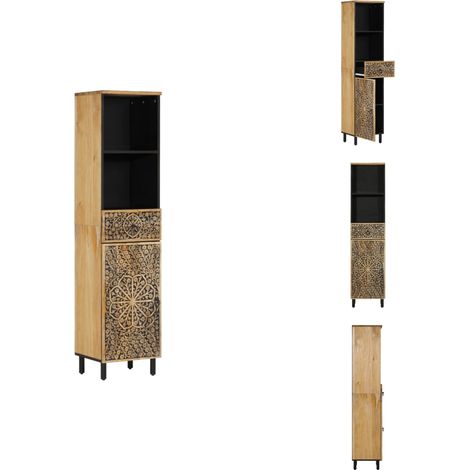 Badschrank 38x33x160 cm Massivholz Mango - Badschrank - Mangoholz - Vintage Stil - Handgefertigt - Badezimmermöbel