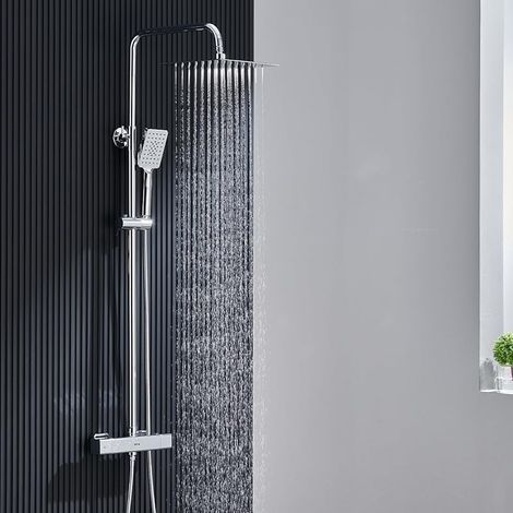 Colonne de Douche Thermostatique, Ensemble de Douche avec Mitigeur Thermostatique, Robinet Douche Salle de Bain, Réglable en Hauteur, Tête de Douche Carrée 25X25cm, Douchette 3 Jets, Chromé (1/5)
