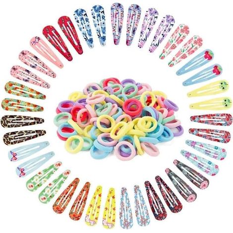 Ensemble de 140 accessoires pour cheveux pour filles : 40 pinces à cheveux imprimées + 100 élastiques  Barrettes de 5 cm pour enfants, adolescentes et femmes (1/4)