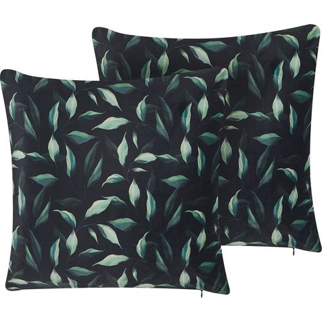 Set of 2 Decorative Cushions TOADFLAX Velvet 45 x 45 cm Green Black Plant Pattern (1/5)