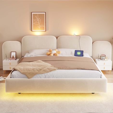 Lit coffre rembourré 180 x 200 cm avec rangement hydraulique, LED RGB, USB et USB-C, tête de lit rembourrée - Beige (1/5)