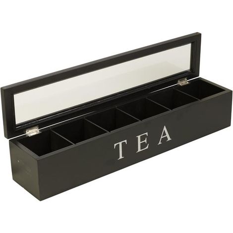 Boîte à thé en bois noir avec couvercle en verre, 6 compartiments, 43 x 9 x 8,7 cm, boîte de rangement pour thé et café, design moderne (1/5)