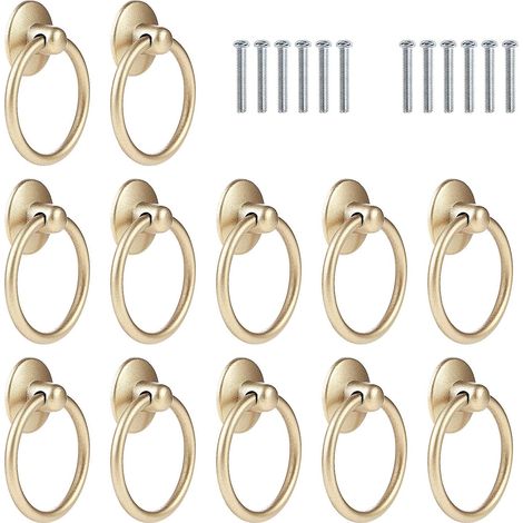 Lot de 12 poignées de tiroir vintage, boutons de tiroir rétro en forme d'anneau, poignées de tiroir pour meubles de cuisine, poignées de tiroir pour meubles anciens, couleur or (1/5)