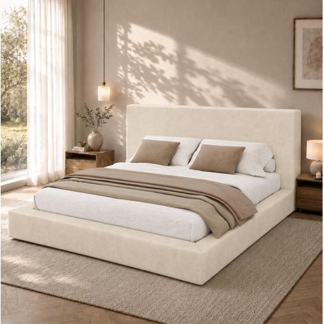 Cama doble tapizada 160 x 200 cm con somier y cabecero acolchado de chenilla beige OKWISH (1/5)