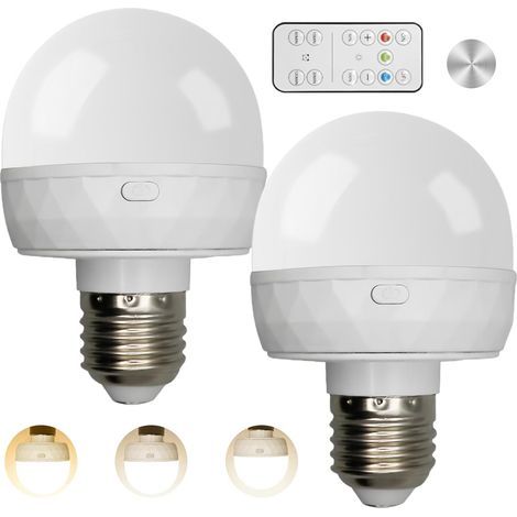 Lot de 2 ampoules rechargeables avec télécommande, E27 3 couleurs à intensité variable, ampoules rechargeables avec batterie et minuterie, batterie amovible pour éclairage d'urgence, veilleuse, camp (1/5)