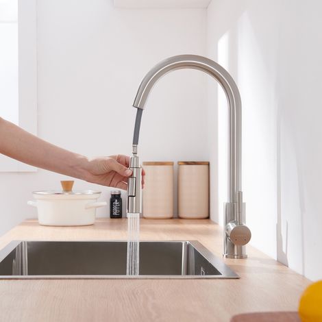 Lonheo Hochdruck Wasserhahn Küchenarmatur ausziehbar Brause Hoher Auslauf 360° Drehbar Spültischarmatur Küche Wasserhahn für Küchenspüle, Gebürstet (1/5)