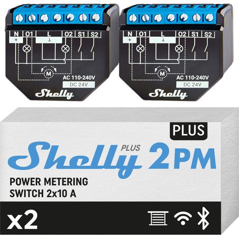 Shelly Plus 2PM - 2 Pack, Interrupteur connecté - Commutateur volet roulant 16A , 2 canaux, Wi-Fi & Bluetooth, Alexa & Google Home, App iOS, Android (1/5)