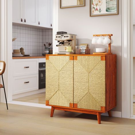 Buffet Bahut à portes doubles en corde de papier tressée style bohème rétro étagère réglable meuble d’appoint décoratif (1/5)