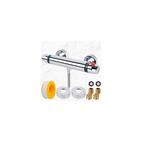 Thermostat-Duscharmatur, 150 mm, mit Sicherheitsverriegelung, 38 °C, Wandmontage, Messing/Chrom-Finish, Temperaturregelung (20–50 °C), Thermostatarmaturen – Crezuo