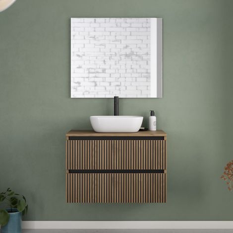 Meuble de salle de bain 80cm avec plateau et vasque à poser arrondie - 2 tiroirs - noyer (bois foncé) - VENERIA
