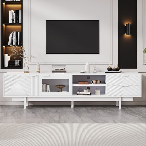 Meuble TV 200 x 40 x 50,5 cm avec 2 portes et 2 tiroirs, blanc HAVRYA (1/5)