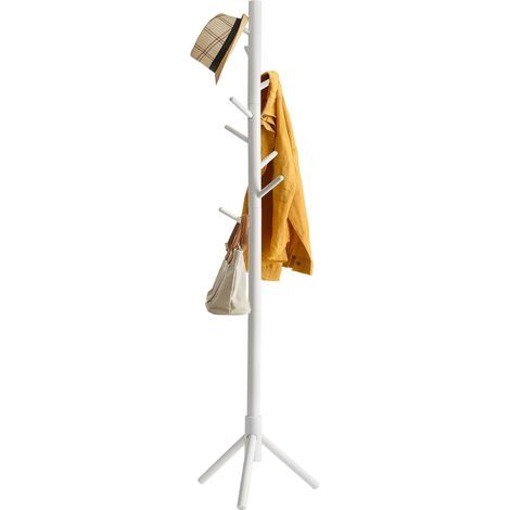 Portemanteau en Bois, Portant à Vêtements avec 8 Crochets, Porte Manteau sur Pieds, Assemblage Facile, pour Chapeau, Vêtements, Sac à Main, Foulards, parapluie (Blanc) (1/5)