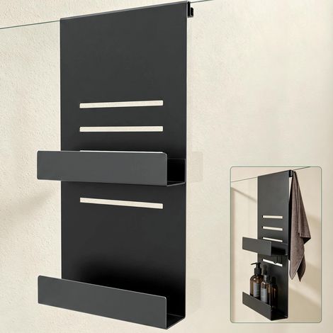Mai & Mai Étagère Douche Suspendue en Acier Carbone Support Rangement pour Porte Douche Salle de Bain Serviteur Douche avec Crochets pour Gel Shampooing Noir Sablé 60×30CM Oryne-01 (1/5)