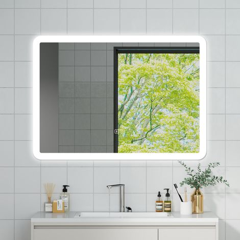 OCEAN Specchio da bagno con LED 80x60cm,Bluetooth,3 colori,Dimmerabile, Antiappannamento,Memoria,IP44, Vetro HD,Doppio interruttore,Orizzontale/Verticale