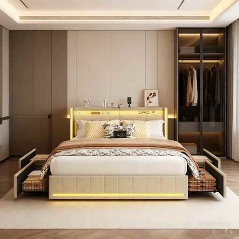 Lit 180 x 200, lit 180x200 avec sommier, cadre de lit, avec port USB et LED, 4 tiroirs en fer, avec tete de lit, beige, lin