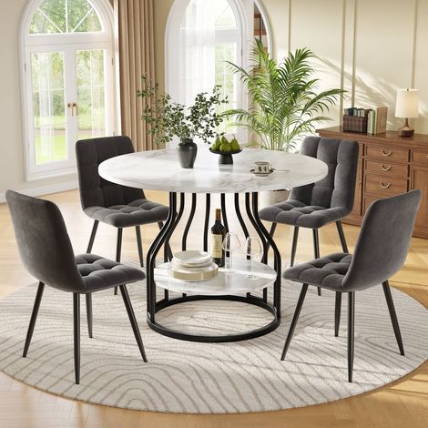 Ensemble repas rond 80 cm avec table effet marbre et 4 chaises en velours gris, pieds métal noirs (1/5)