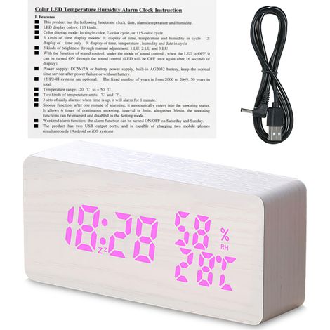 Réveil en bois avec affichage de l'heure, de l'humidité, de la température et de la date (115 couleurs), horloge de bureau numérique LED en bois, luminosité réglable, commande vocale, Blanc (1/5)