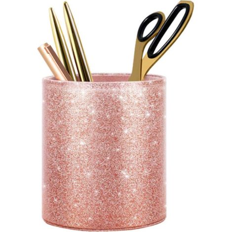 Portalápices de PU, portalápices para brochas de maquillaje, portalápices, portalápices redondo rosa brillante de PU para mujeres y niñas, oficina, estudio, escuela. (1/5)