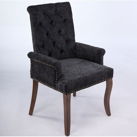 Chaise de salle à manger capitonnée en tissu chenille gris charbon avec pieds courbés en bois massif (1/5)