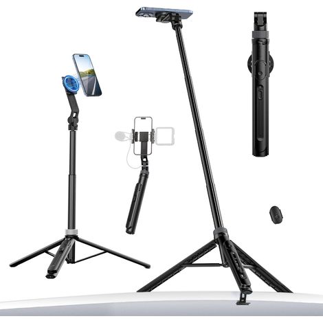 145 cm Smartphone-Stativ, magnetischer Selfie-Stick mit Fernbedienung, 2-in-1-Handyhalterung für Vlogging, 2 Blitzschuhhalterungen, Stativ kompatibel mit iPhone/Samsung (Schwarz) (1/5)