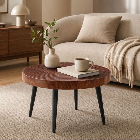 Table basse ronde Ø60 cm en bois et métal, plateau épais 5 cm, décor noyer foncé, noir OKMYHOME (1/5)