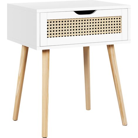 Homevive Mesita de Noche con Cajón Trenzada en Ratán 48,5 x 41 x 57,5 cm Estilo Moderno Mesa Auxiliar para Dormiorio Sala de Estar Salón de Madera Nórdica Blanco (1/5)
