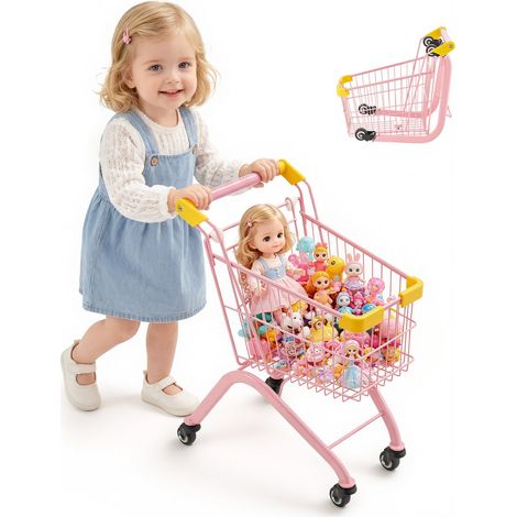 Chariot de Courses pour Enfants, Cadre en Acier, Chariot de Supermarché Jouet avec Roues Pivotantes, pour Enfants de 3 ans et plus, Panier en Maille Dense, Pliable et Panneau Arrière Relevable (1/5)