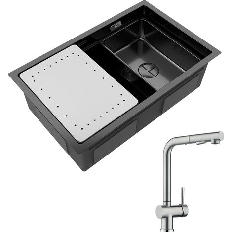 Cecipa Lavello da Cucina Antracite a 1 Vasca con Sgocciolatoio e Lavello da Incasso 70×44×21 cm + Miscelatore da Cucina Spazzolato con Rubinetto Doccia a Doccetta (1/5)